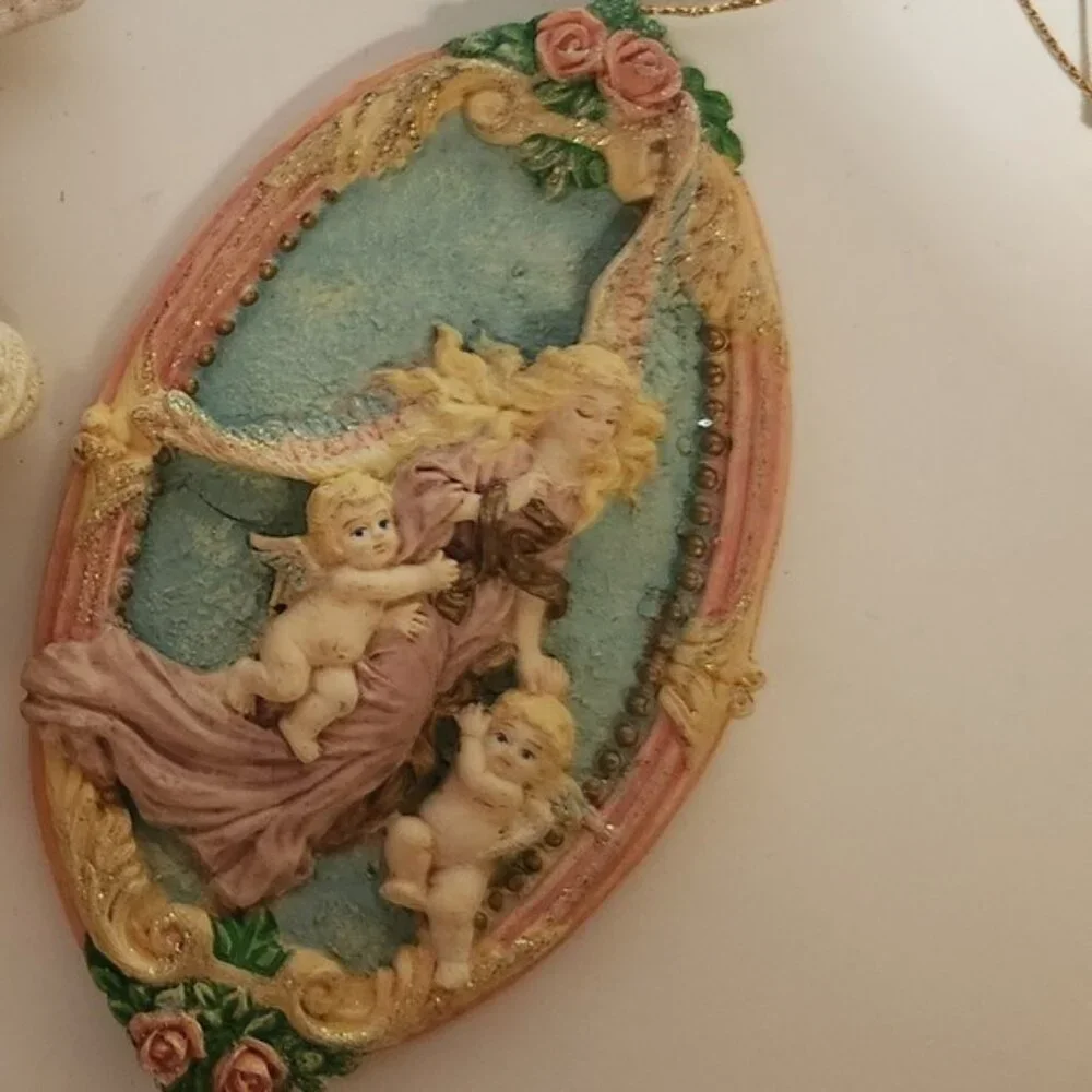 Vintage Angel Ornament Set Resin & Fabric Cherub‎ Wall Hanging Decor